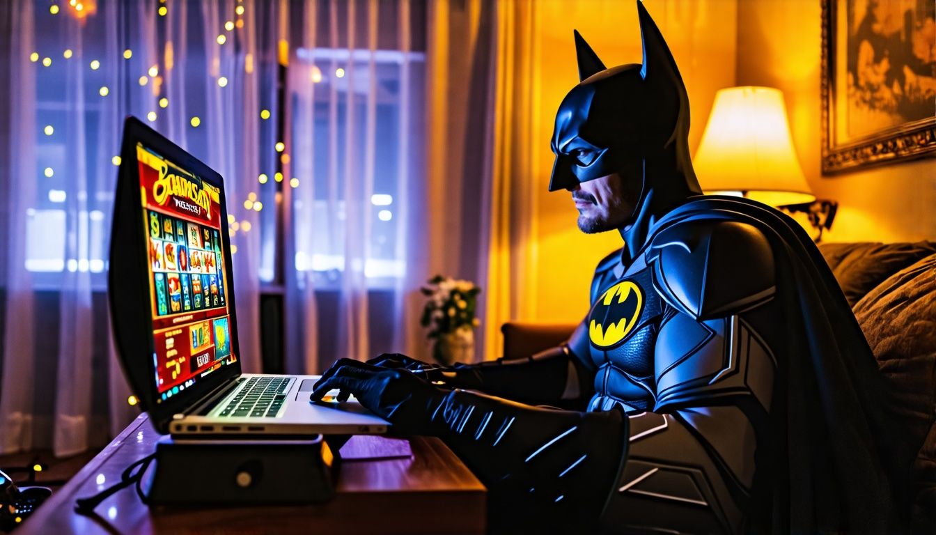 Uomo di mezza età gioca a slot machine online a tema Batman.