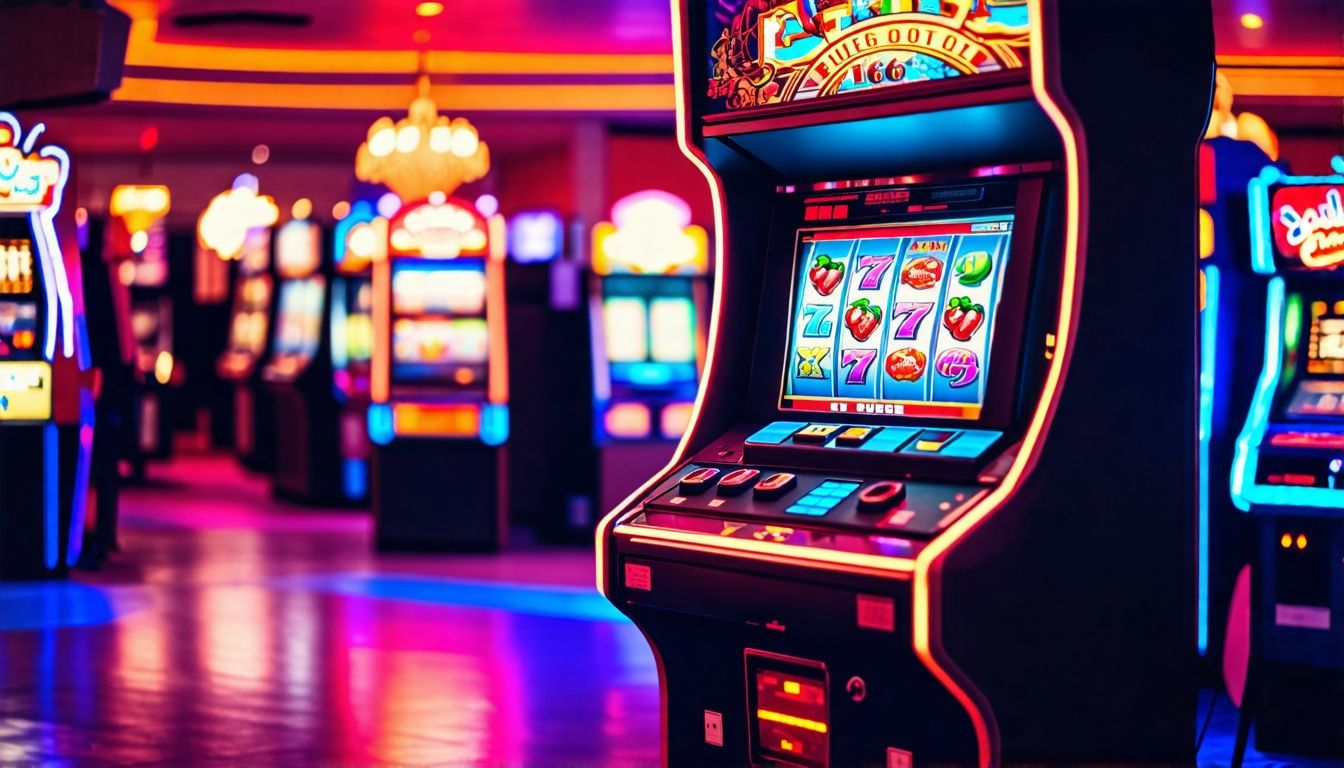 Una vecchia slot machine con luci al neon in un casinò.